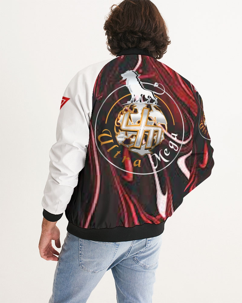 UltraMega Red Marble 7 Mens Bomber jacket featuring a unique red marble pattern, designed for style and comfort.