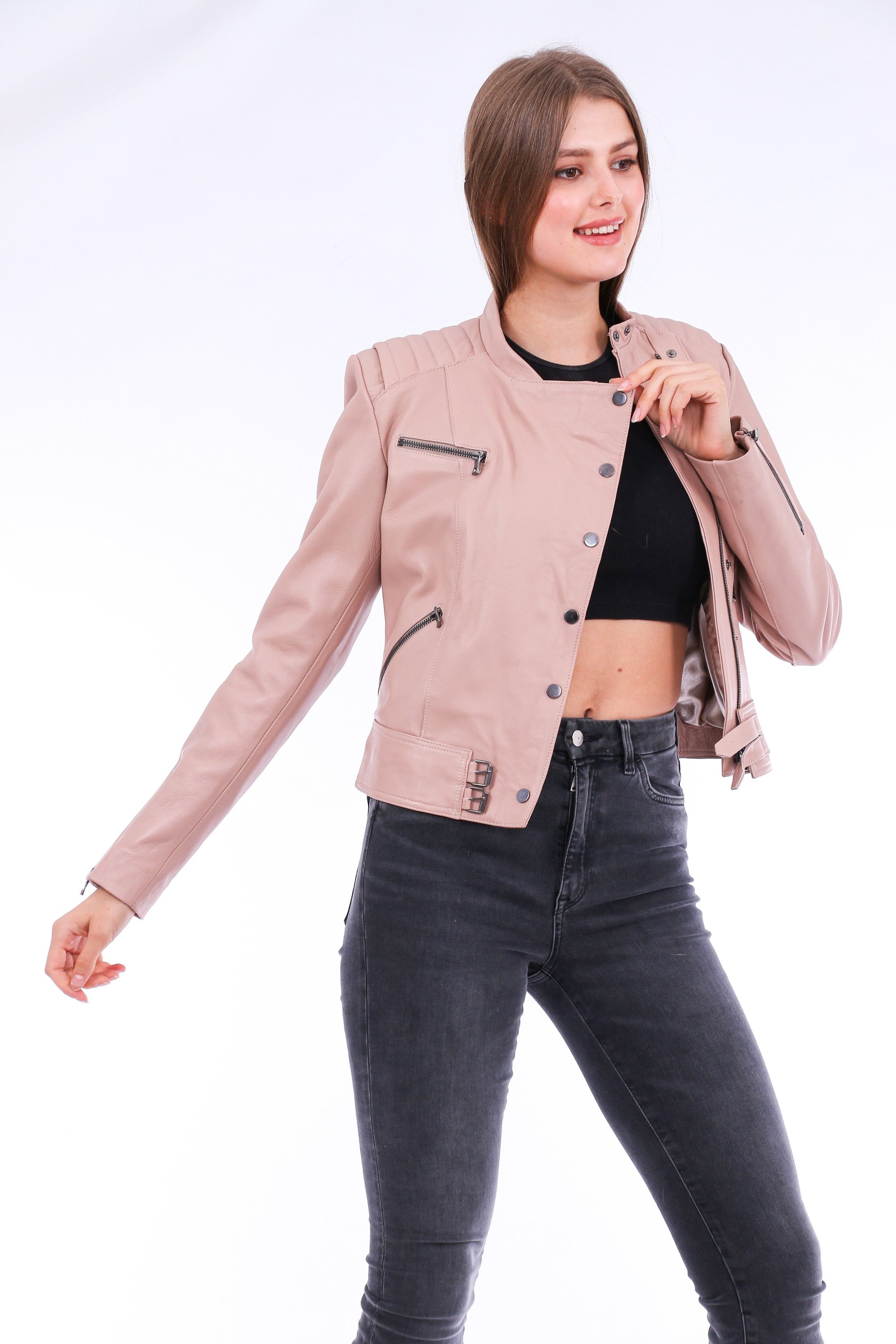 Rovigo Leather Biker Jacket in pink, showcasing premium leather, stylish design, and zipper details.