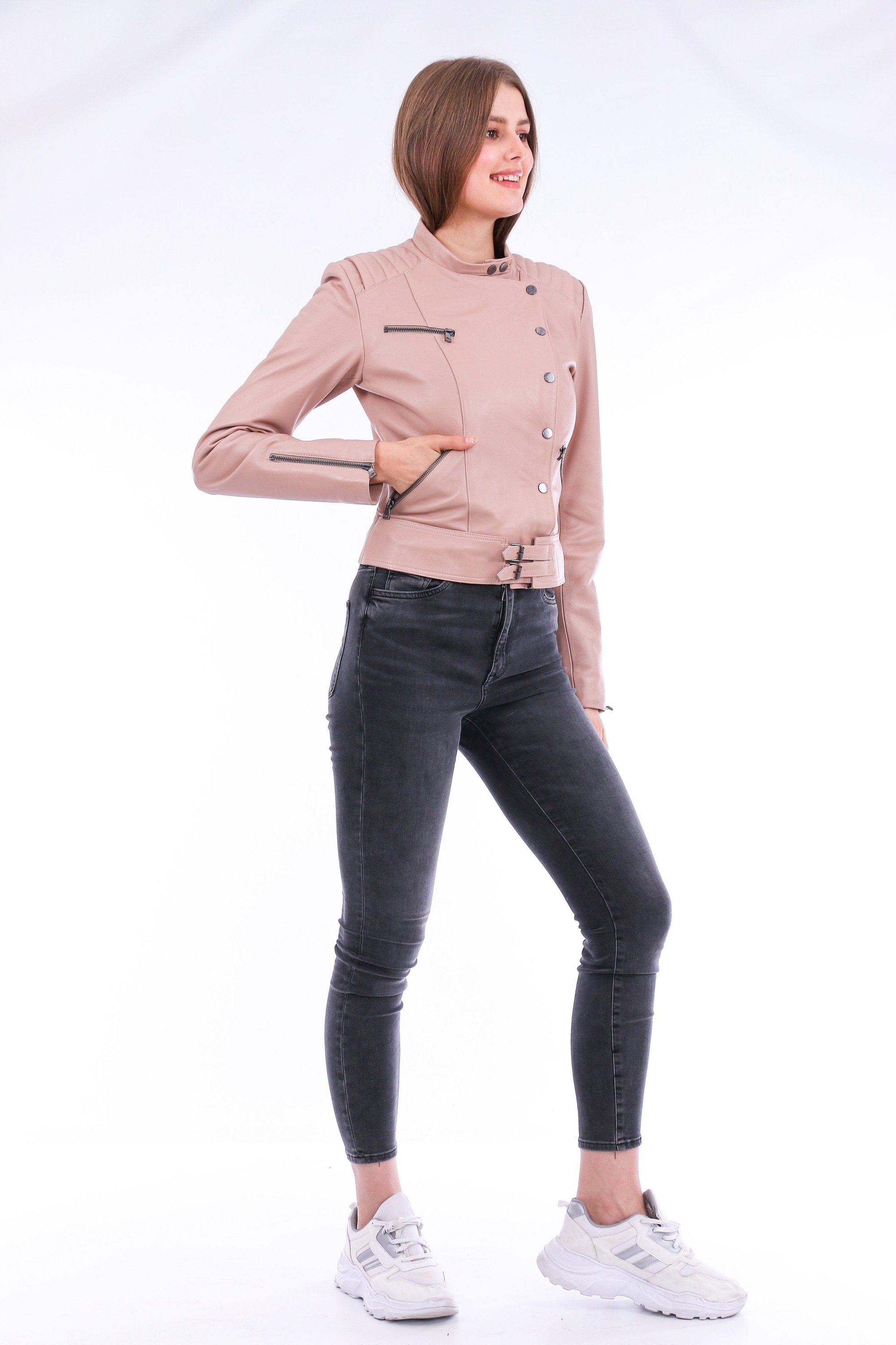 Rovigo Leather Biker Jacket in pink, showcasing premium leather, stylish design, and zipper details.