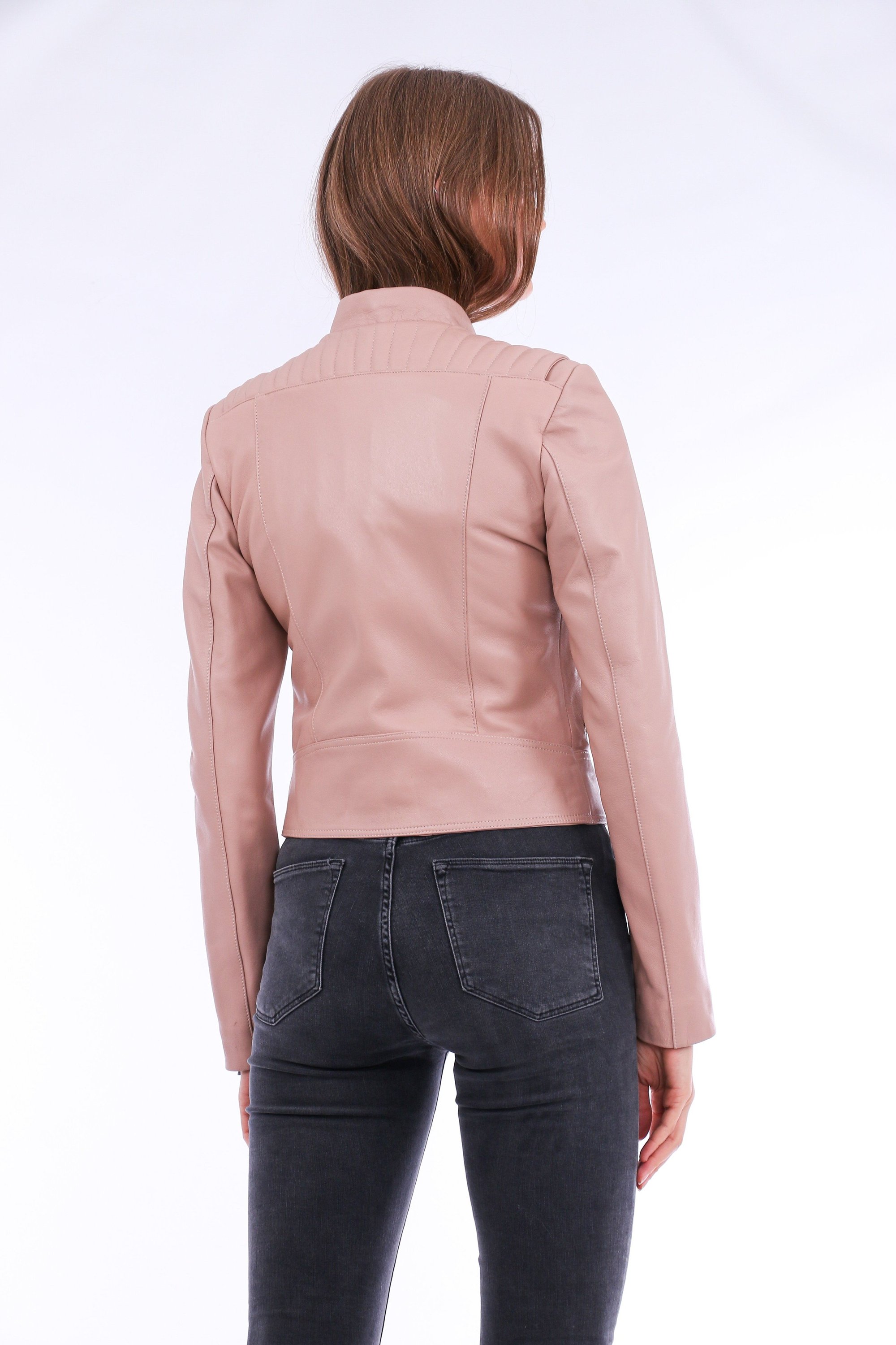 Rovigo Leather Biker Jacket in pink, showcasing premium leather, stylish design, and zipper details.