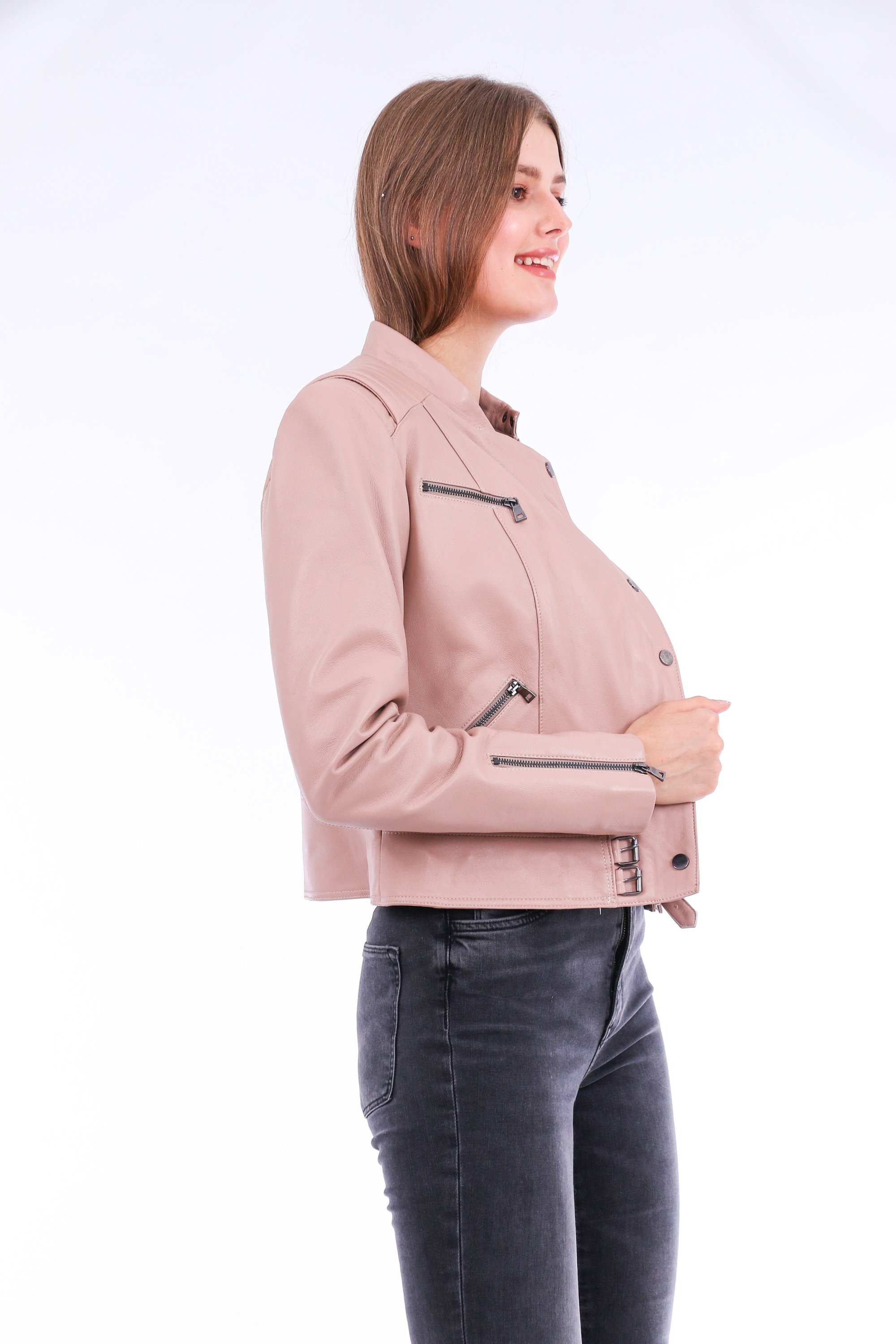 Rovigo Leather Biker Jacket in pink, showcasing premium leather, stylish design, and zipper details.