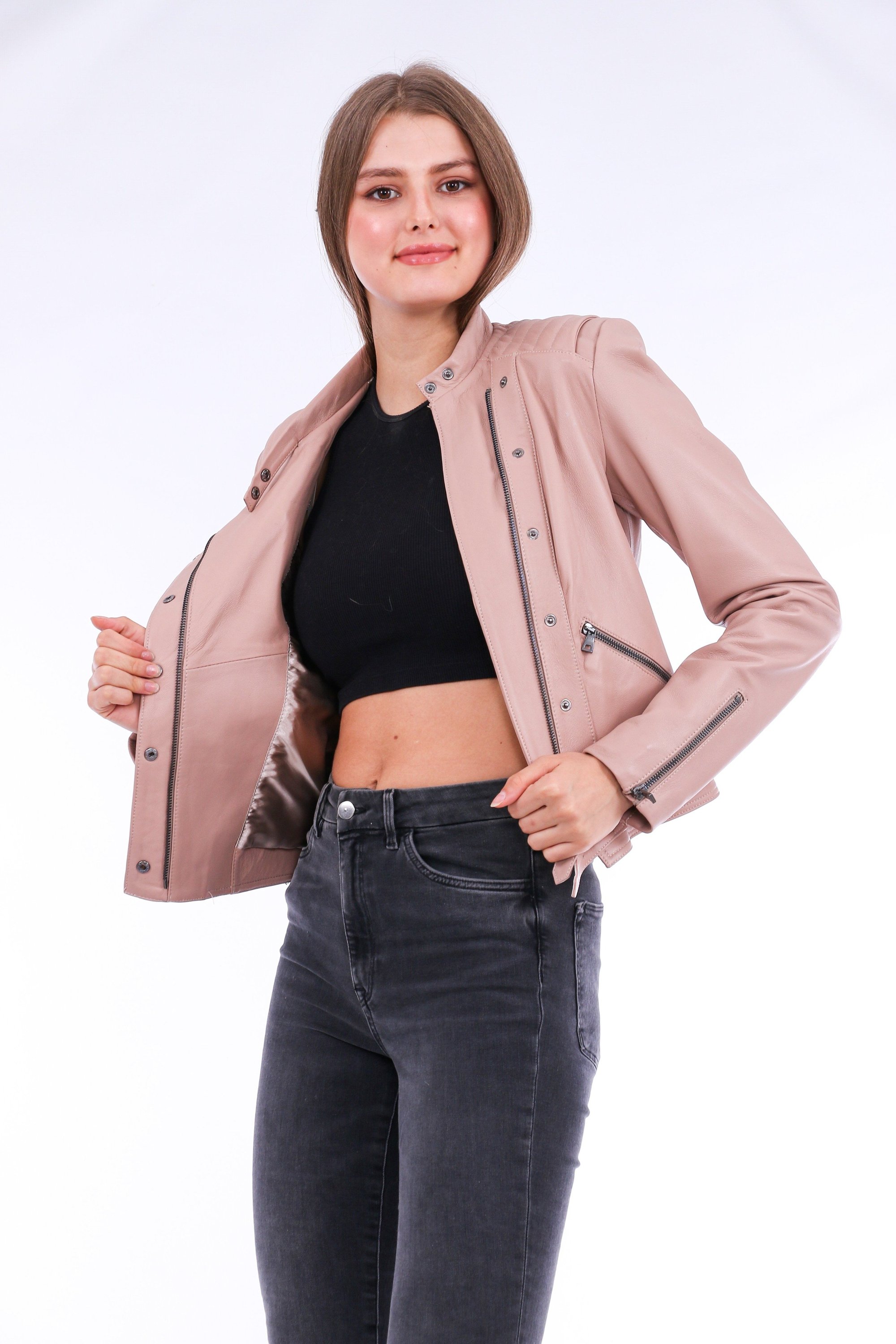 Rovigo Leather Biker Jacket in pink, showcasing premium leather, stylish design, and zipper details.