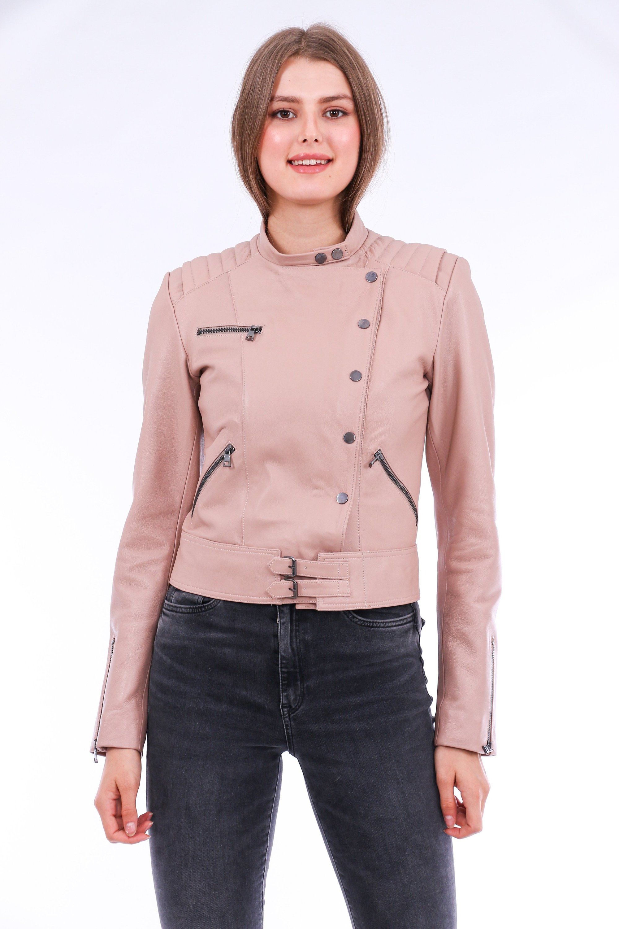 Rovigo Leather Biker Jacket in pink, showcasing premium leather, stylish design, and zipper details.