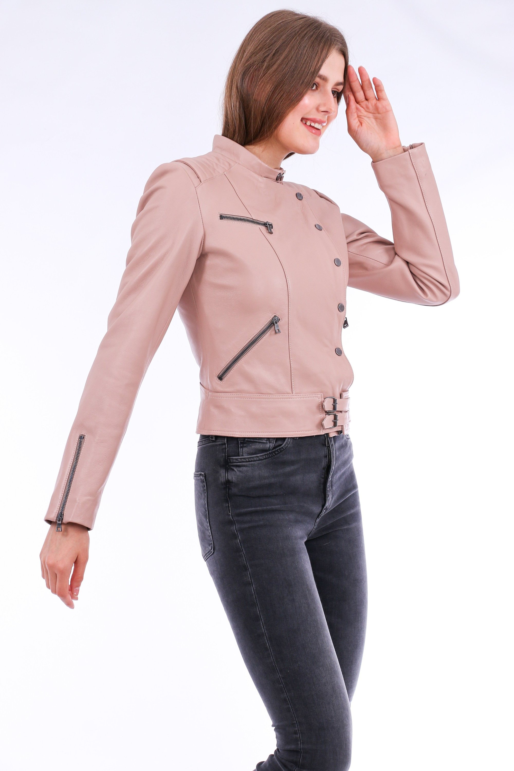 Rovigo Leather Biker Jacket in pink, showcasing premium leather, stylish design, and zipper details.