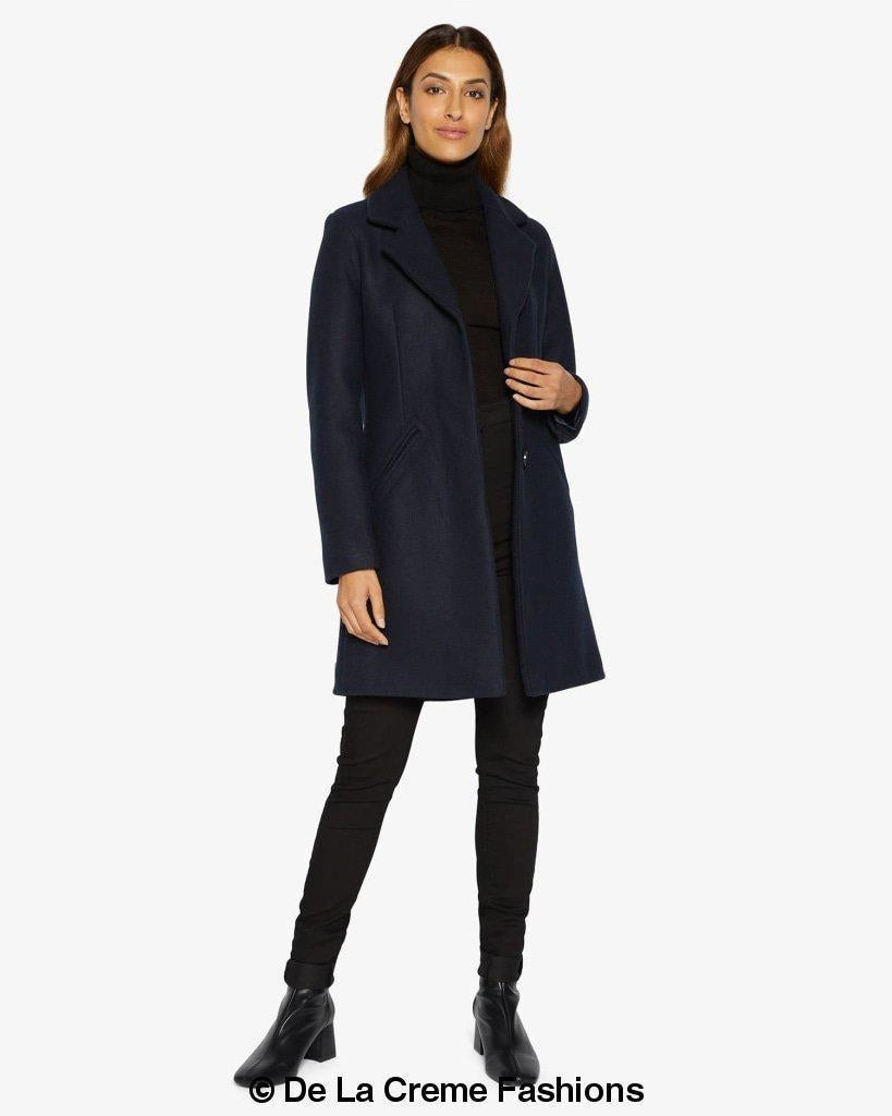 Sara Covert Button Up Coat featuring a lapel collar, concealed button fastening, and two side slit pockets, designed for a slim fit.