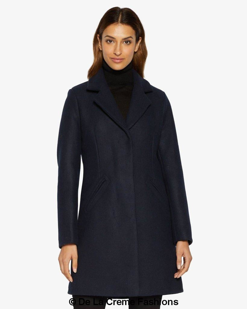 Sara Covert Button Up Coat featuring a lapel collar, concealed button fastening, and two side slit pockets, designed for a slim fit.