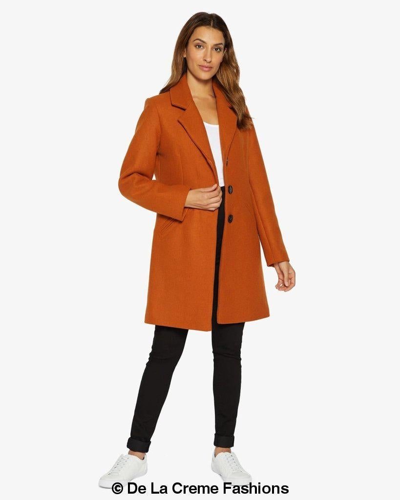 Sara Covert Button Up Coat featuring a lapel collar, concealed button fastening, and two side slit pockets, designed for a slim fit.