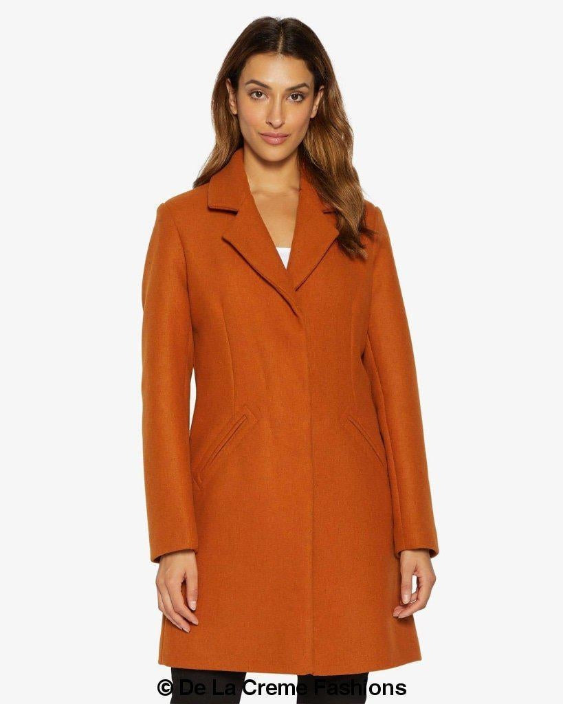 Sara Covert Button Up Coat featuring a lapel collar, concealed button fastening, and two side slit pockets, designed for a slim fit.