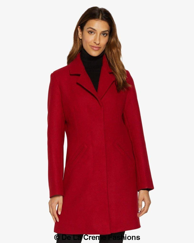 Sara Covert Button Up Coat featuring a lapel collar, concealed button fastening, and two side slit pockets, designed for a slim fit.