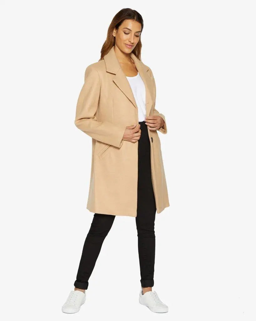 Sara Covert Button Up Coat featuring a lapel collar, concealed button fastening, and two side slit pockets, designed for a slim fit.