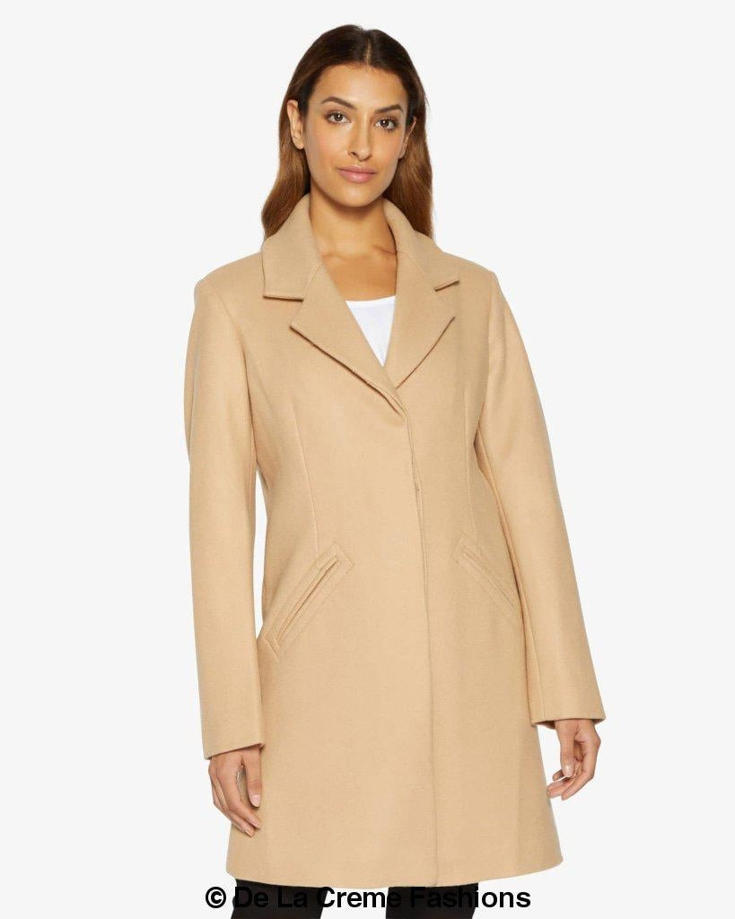 Sara Covert Button Up Coat featuring a lapel collar, concealed button fastening, and two side slit pockets, designed for a slim fit.