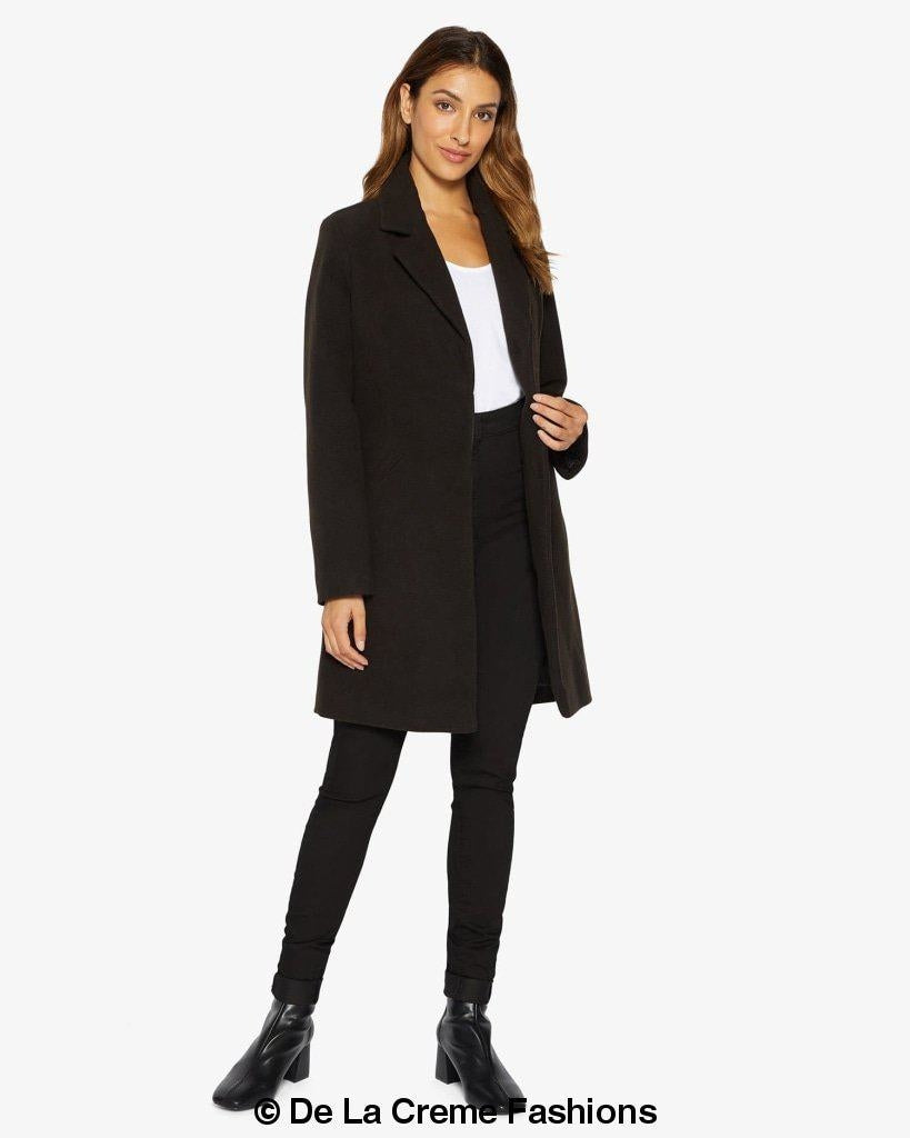 Sara Covert Button Up Coat featuring a lapel collar, concealed button fastening, and two side slit pockets, designed for a slim fit.