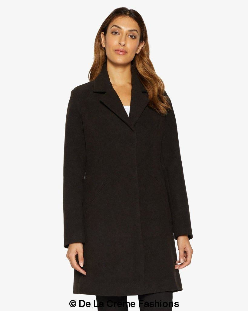 Sara Covert Button Up Coat featuring a lapel collar, concealed button fastening, and two side slit pockets, designed for a slim fit.