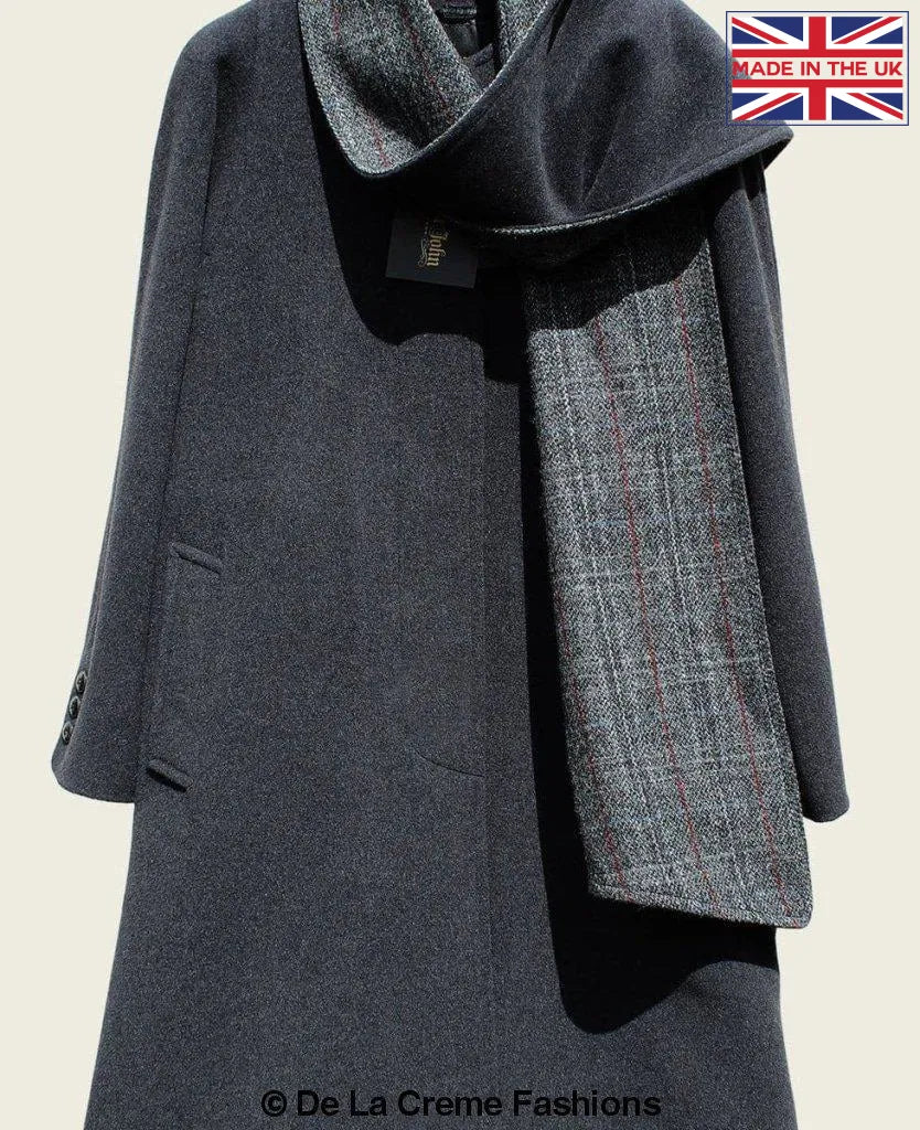 SCARPIA Wool & Cashmere Overcoat featuring a detachable Harris Tweed scarf, elegant design with satin lining and bone buttons.