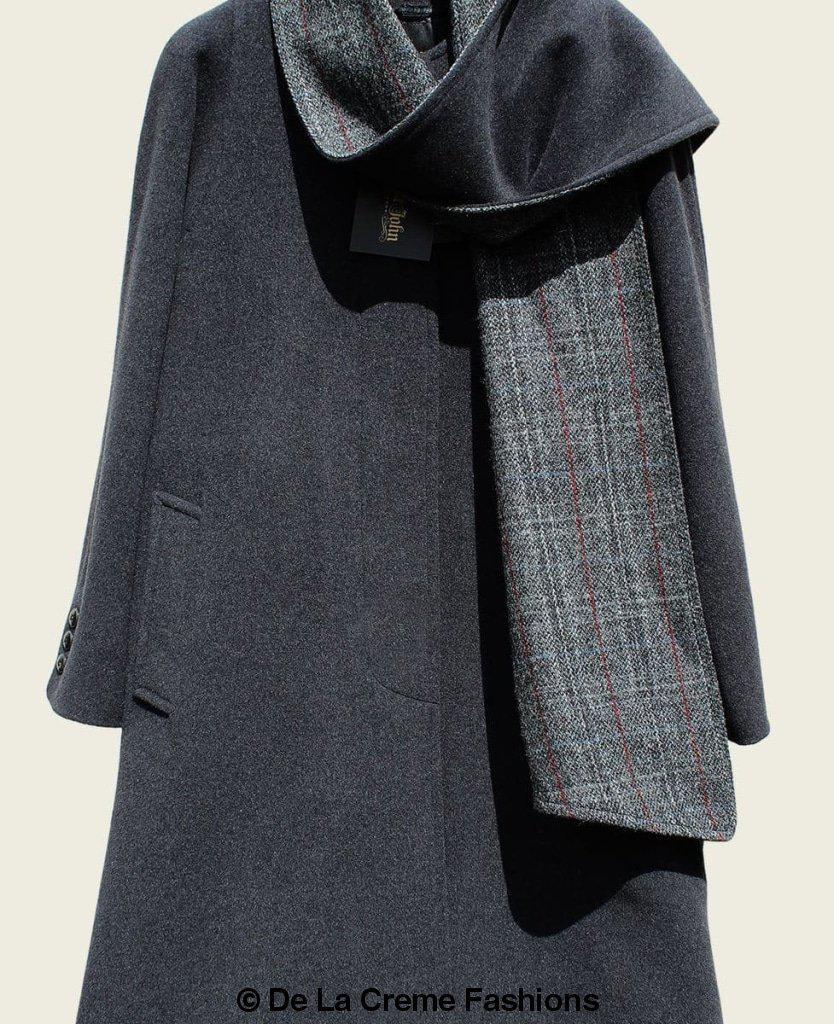 SCARPIA Wool & Cashmere Overcoat featuring a detachable Harris Tweed scarf, elegant design with satin lining and bone buttons.