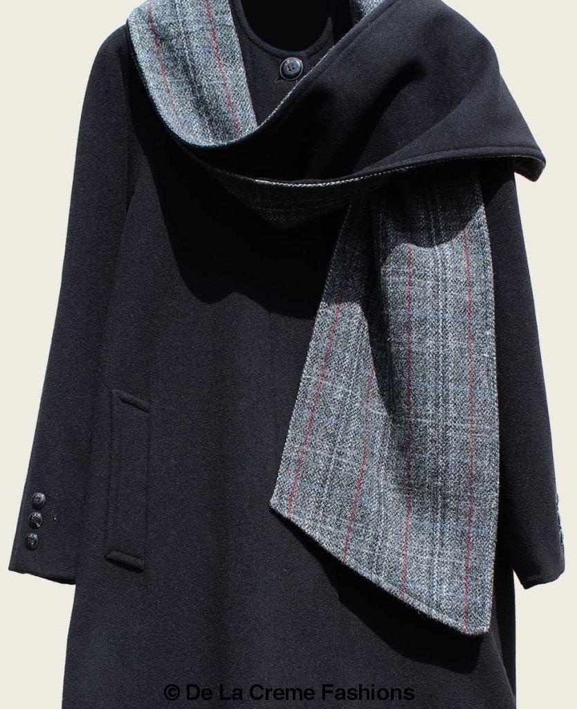 SCARPIA Wool & Cashmere Overcoat featuring a detachable Harris Tweed scarf, elegant design with satin lining and bone buttons.