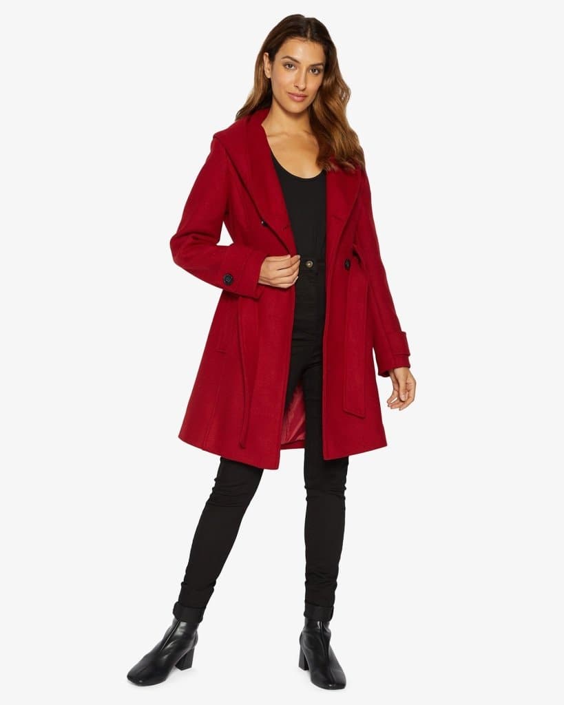 A stylish slim fit shawl hooded coat in luxurious faux wool blend, featuring a double-breasted front and a large hood.