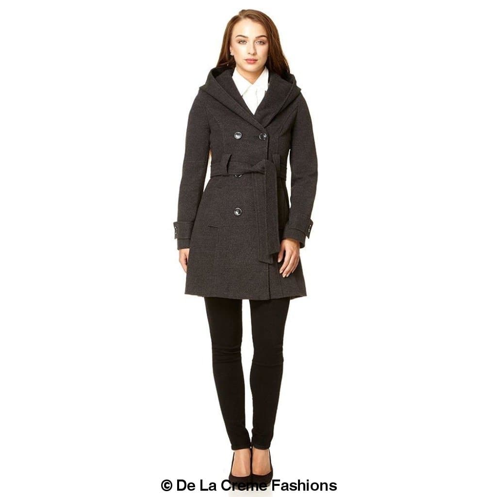 A stylish slim fit shawl hooded coat in luxurious faux wool blend, featuring a double-breasted front and a large hood.