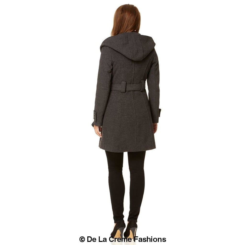 A stylish slim fit shawl hooded coat in luxurious faux wool blend, featuring a double-breasted front and a large hood.