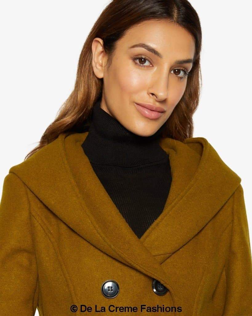 A stylish slim fit shawl hooded coat in luxurious faux wool blend, featuring a double-breasted front and a large hood.