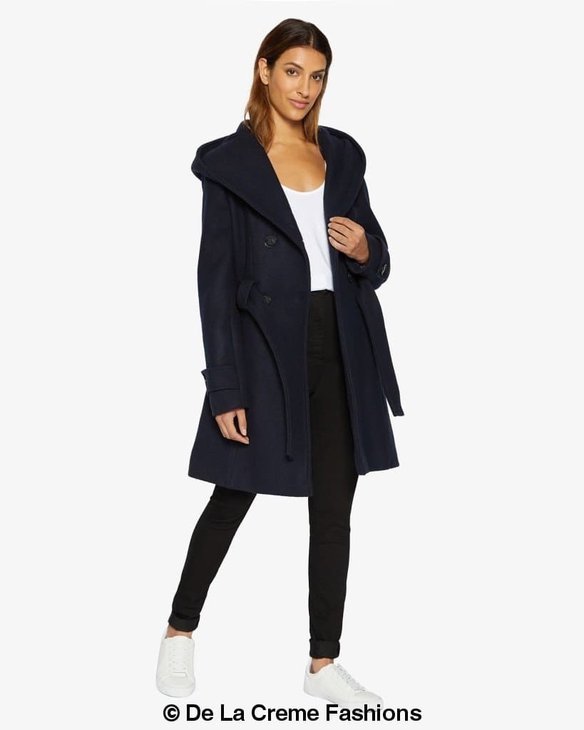 A stylish slim fit shawl hooded coat in luxurious faux wool blend, featuring a double-breasted front and a large hood.