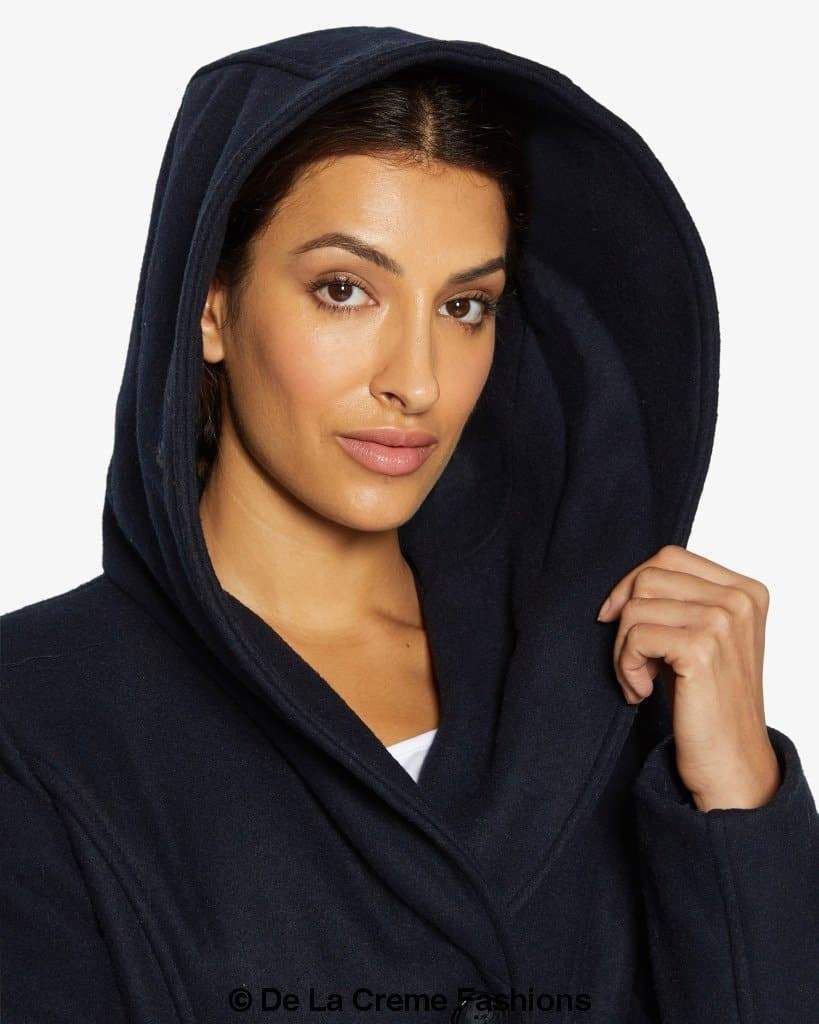 A stylish slim fit shawl hooded coat in luxurious faux wool blend, featuring a double-breasted front and a large hood.