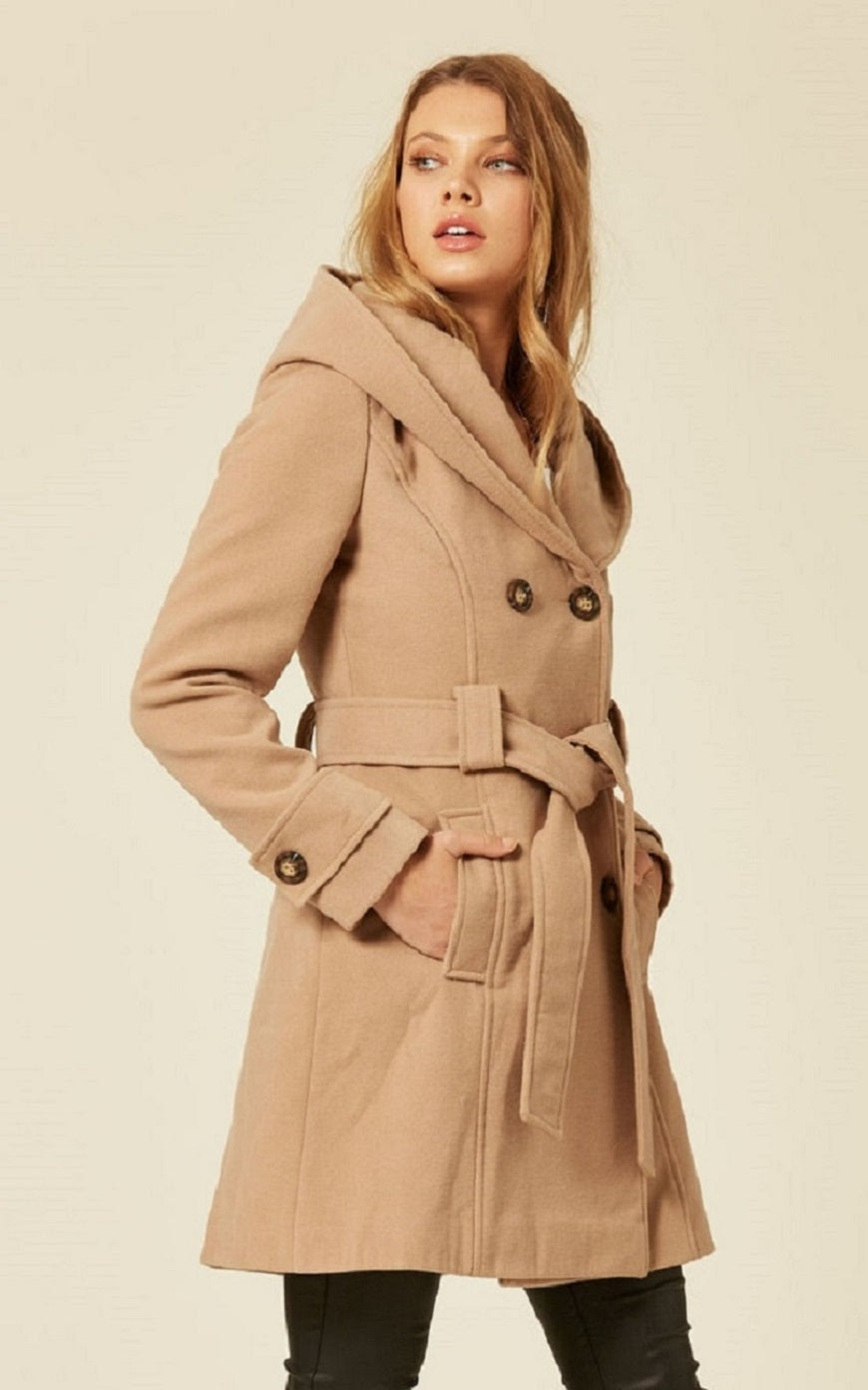 A stylish slim fit shawl hooded coat in luxurious faux wool blend, featuring a double-breasted front and a large hood.