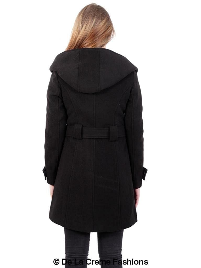 A stylish slim fit shawl hooded coat in luxurious faux wool blend, featuring a double-breasted front and a large hood.