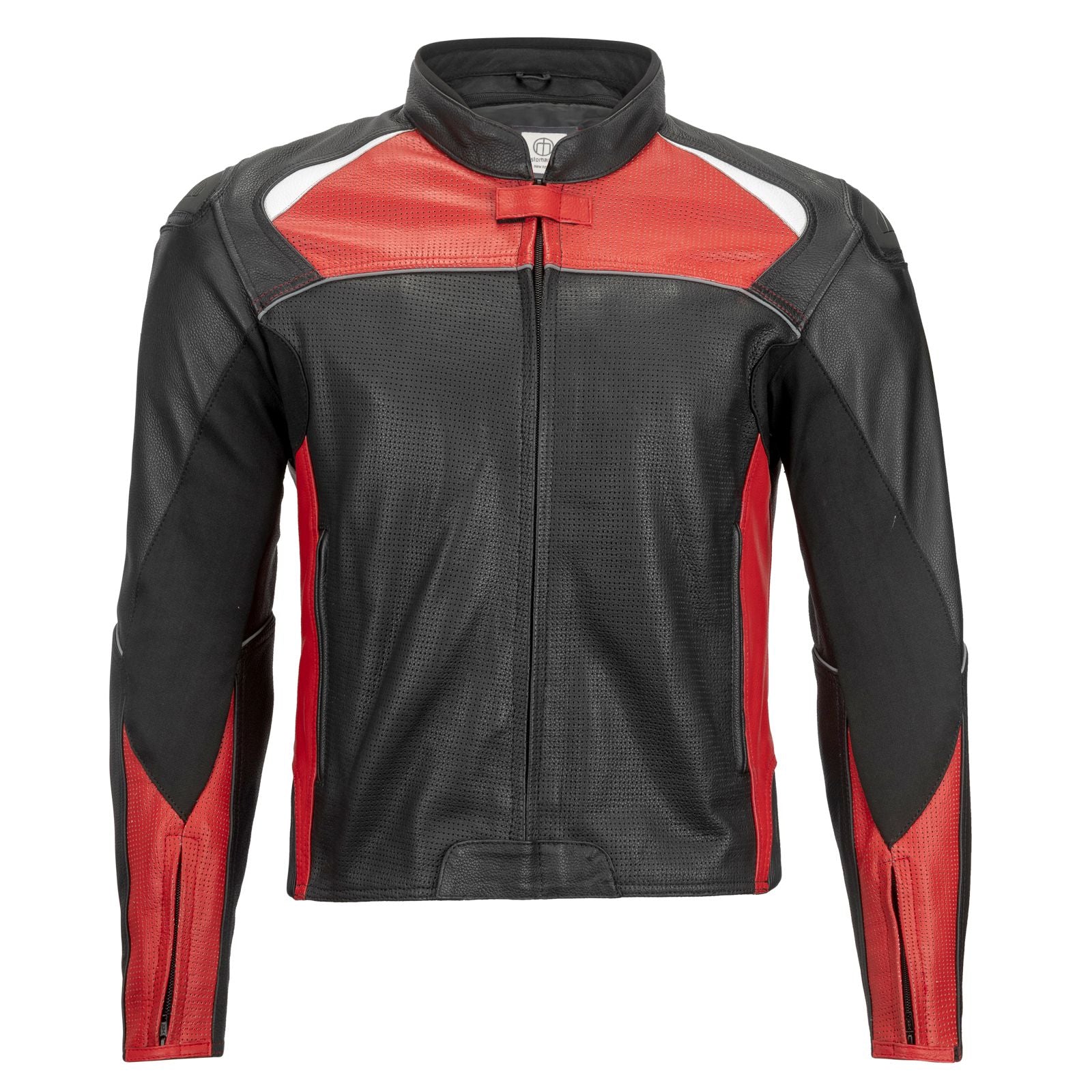 Sport Riding Maruchi Motorcycle Leather Jacket in black leather with blue, red, and white accents, featuring a zip-out vest liner and padded collar.