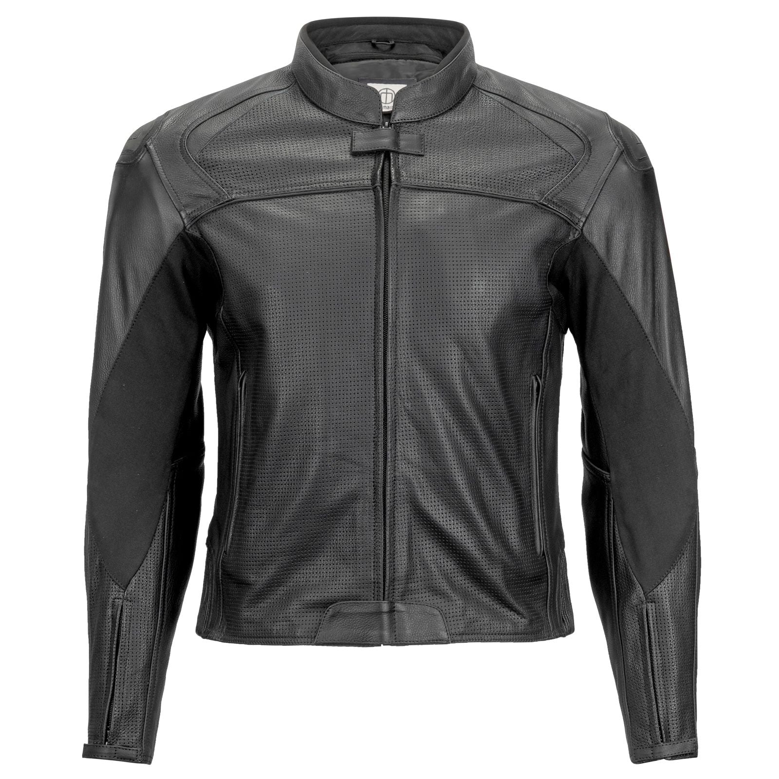 Sport Riding Maruchi Motorcycle Leather Jacket in black leather with blue, red, and white accents, featuring a zip-out vest liner and padded collar.