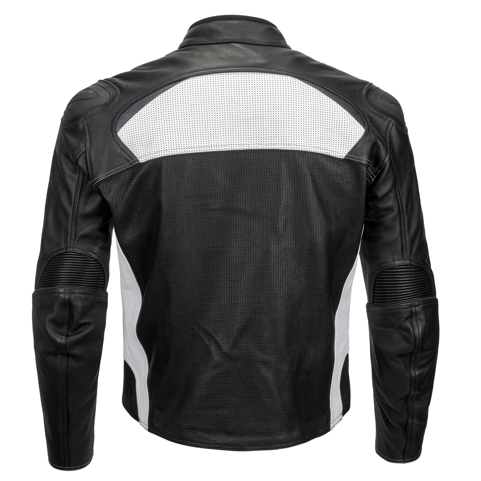 Sport Riding Maruchi Motorcycle Leather Jacket in black leather with blue, red, and white accents, featuring a zip-out vest liner and padded collar.