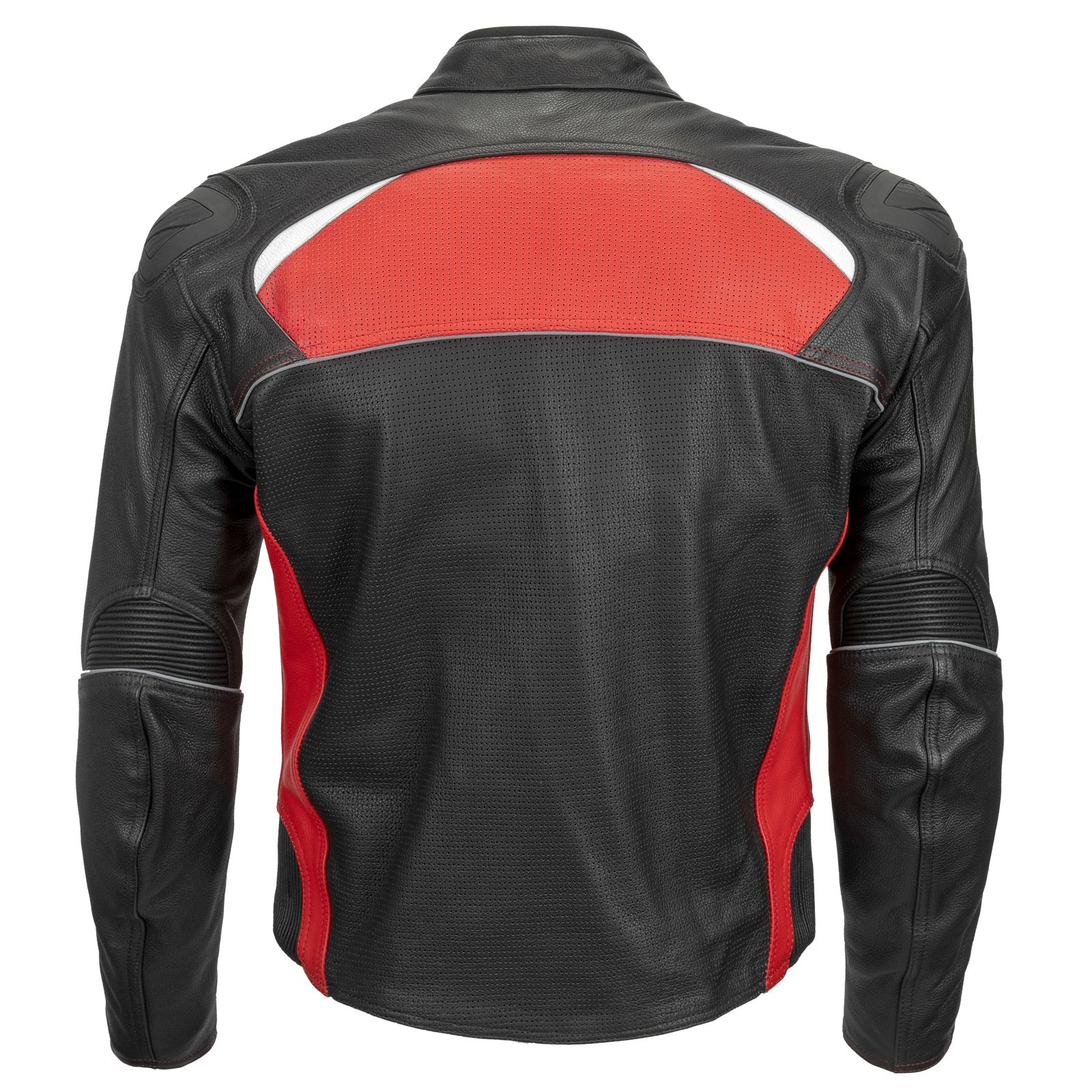 Sport Riding Maruchi Motorcycle Leather Jacket in black leather with blue, red, and white accents, featuring a zip-out vest liner and padded collar.