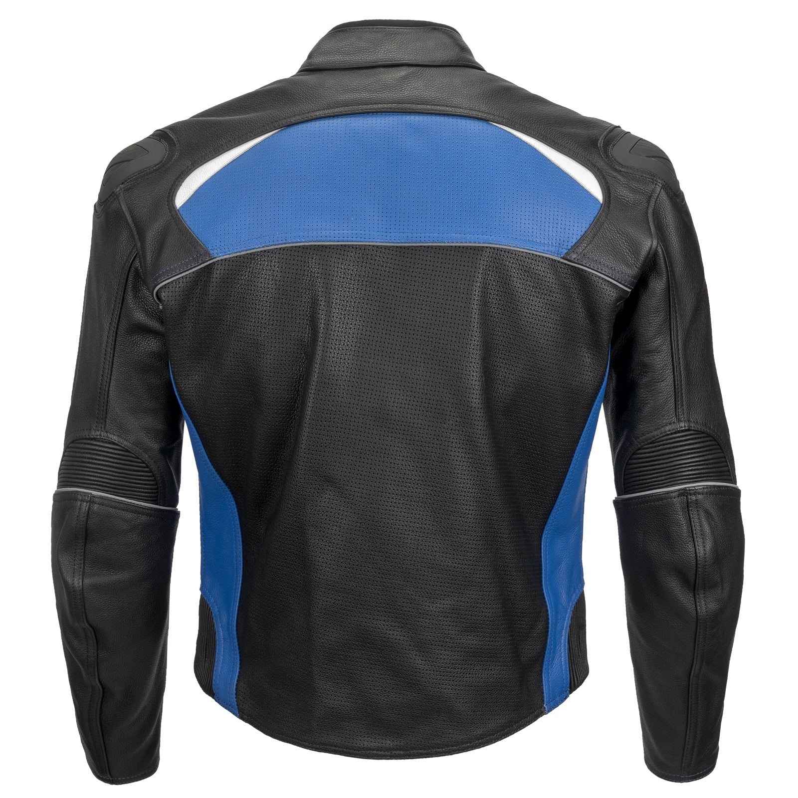 Sport Riding Maruchi Motorcycle Leather Jacket in black leather with blue, red, and white accents, featuring a zip-out vest liner and padded collar.