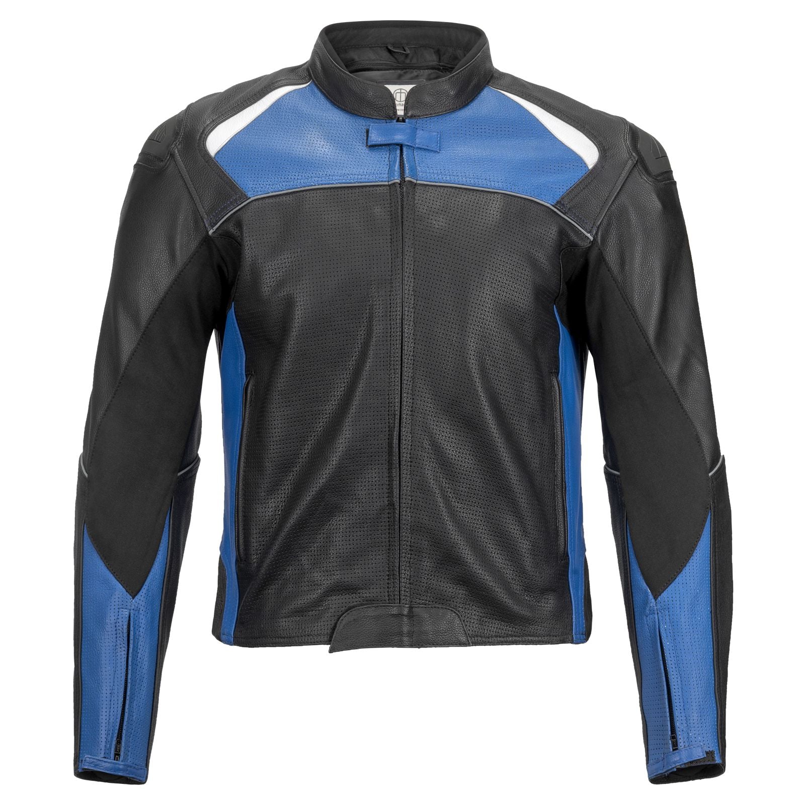 Sport Riding Maruchi Motorcycle Leather Jacket in black leather with blue, red, and white accents, featuring a zip-out vest liner and padded collar.