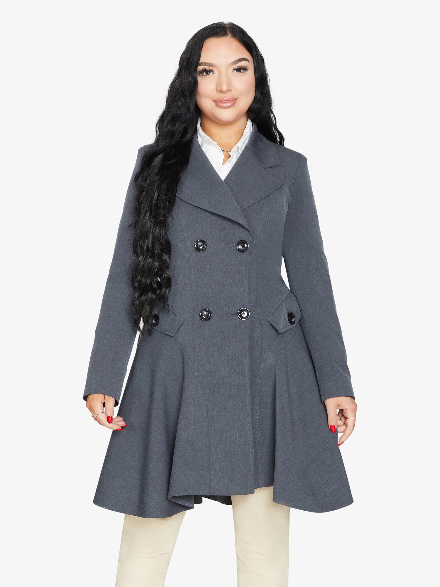 A stylish Spring/Summer Double Breasted Skater Coat featuring a lightweight fabric, A-line fit, and lace trim, available in various colors.