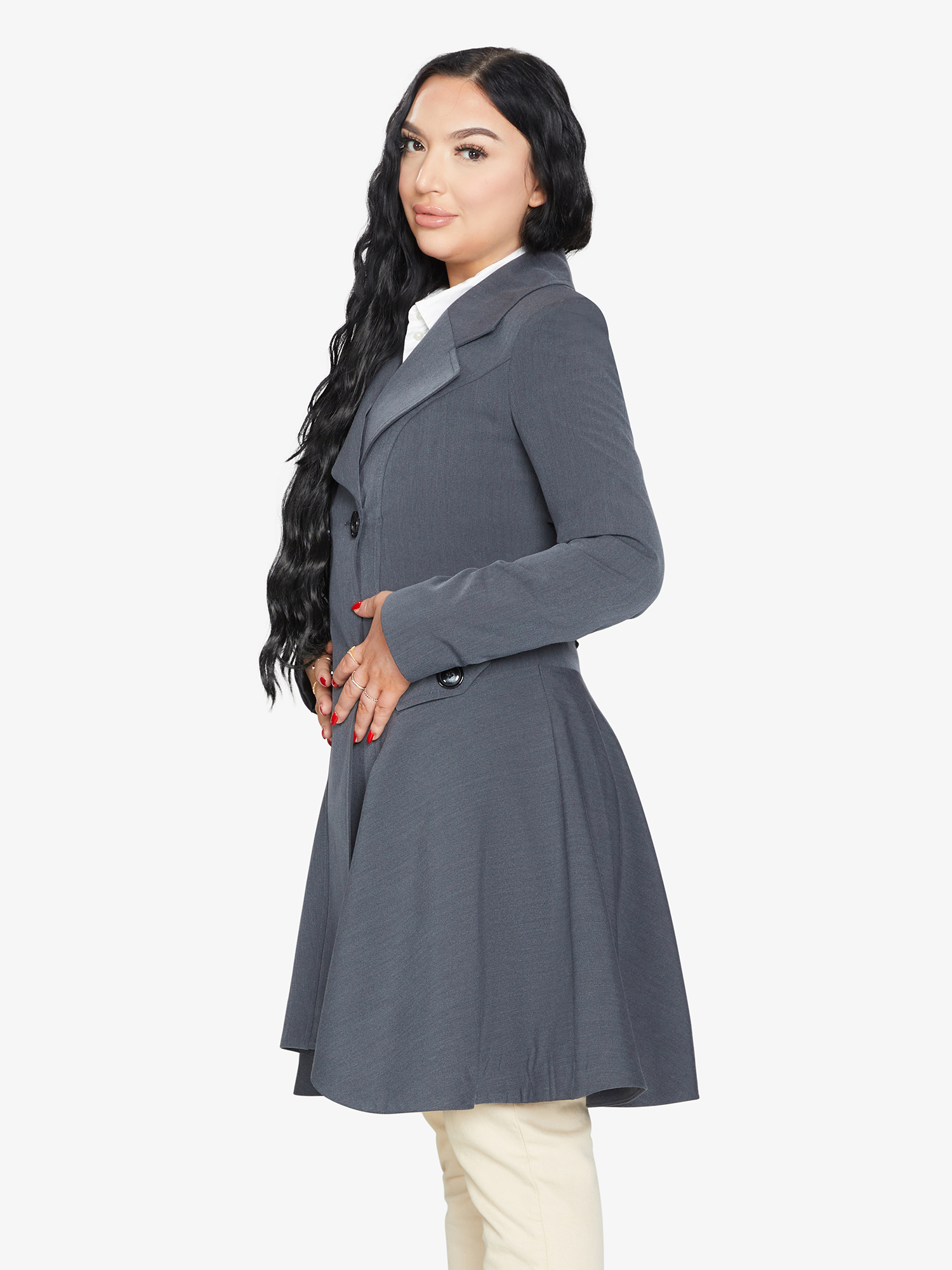 A stylish Spring/Summer Double Breasted Skater Coat featuring a lightweight fabric, A-line fit, and lace trim, available in various colors.