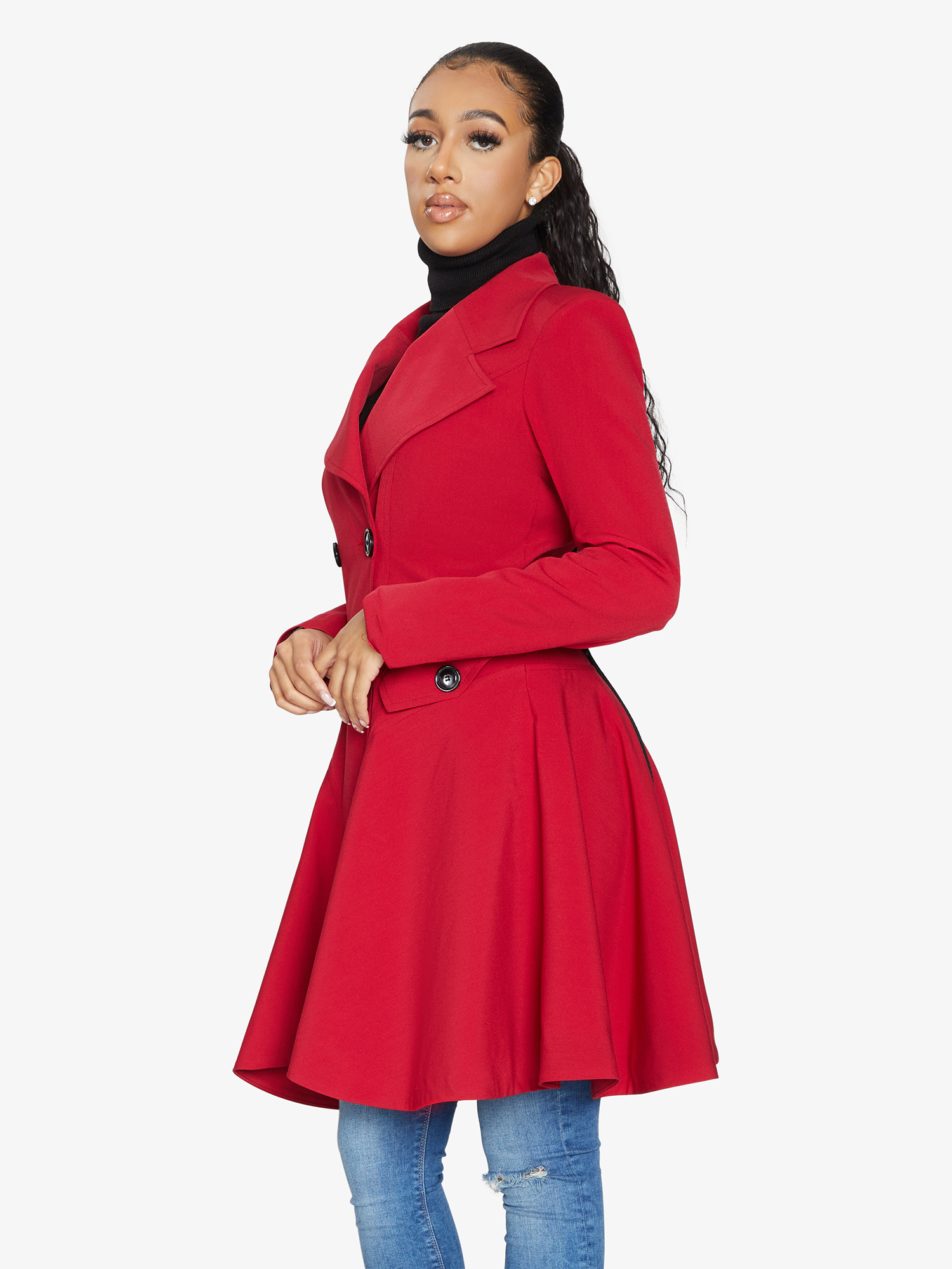 A stylish Spring/Summer Double Breasted Skater Coat featuring a lightweight fabric, A-line fit, and lace trim, available in various colors.