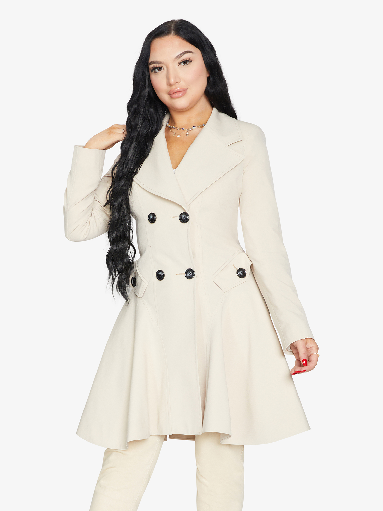 A stylish Spring/Summer Double Breasted Skater Coat featuring a lightweight fabric, A-line fit, and lace trim, available in various colors.