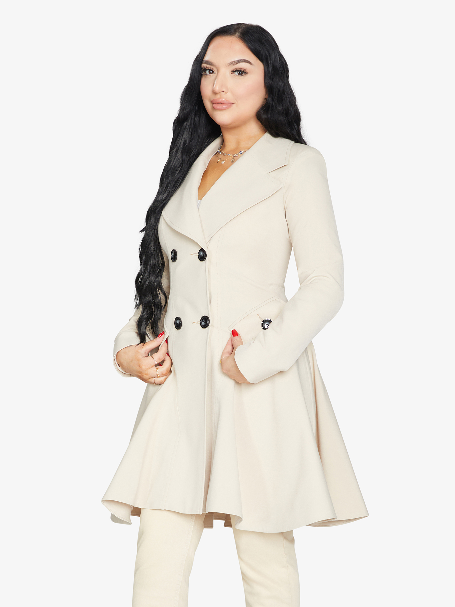 A stylish Spring/Summer Double Breasted Skater Coat featuring a lightweight fabric, A-line fit, and lace trim, available in various colors.