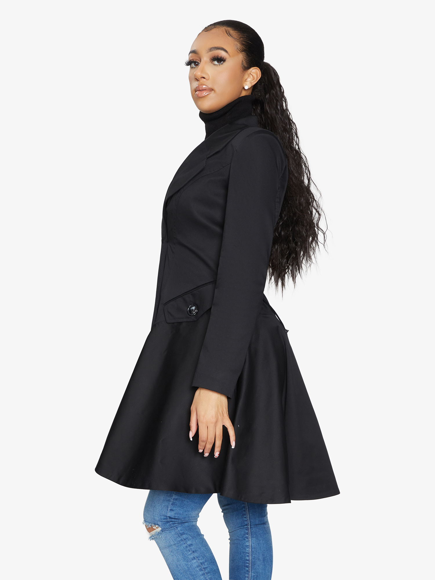 A stylish Spring/Summer Double Breasted Skater Coat featuring a lightweight fabric, A-line fit, and lace trim, available in various colors.