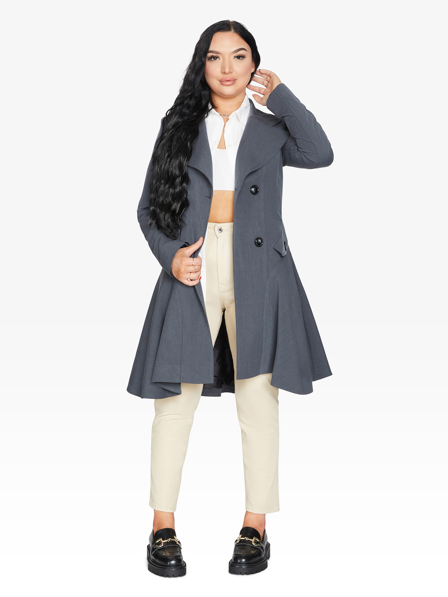 A stylish Spring/Summer Double Breasted Skater Coat featuring a lightweight fabric, A-line fit, and lace trim, available in various colors.