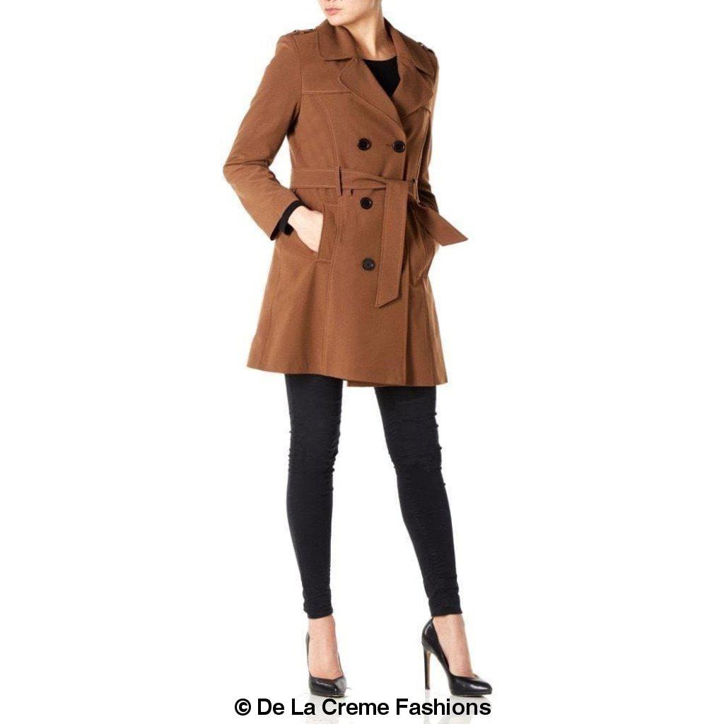 Women's Spring/Summer Military Double Breasted Trench Coat featuring epaulettes and side pockets, hip length design.