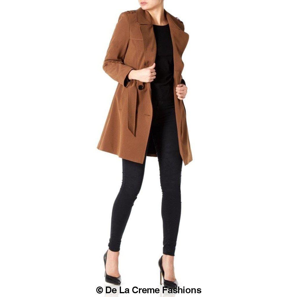 Women's Spring/Summer Military Double Breasted Trench Coat featuring epaulettes and side pockets, hip length design.