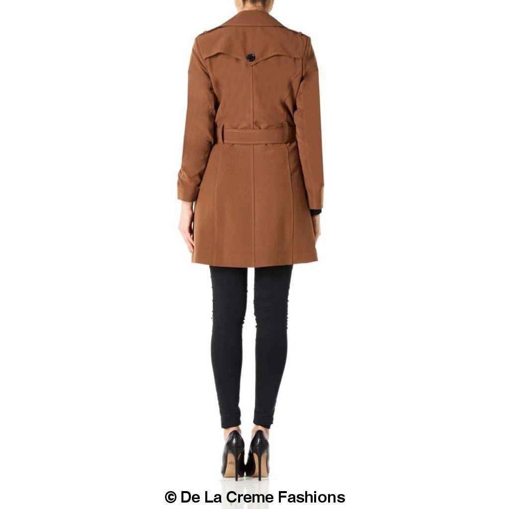 Women's Spring/Summer Military Double Breasted Trench Coat featuring epaulettes and side pockets, hip length design.