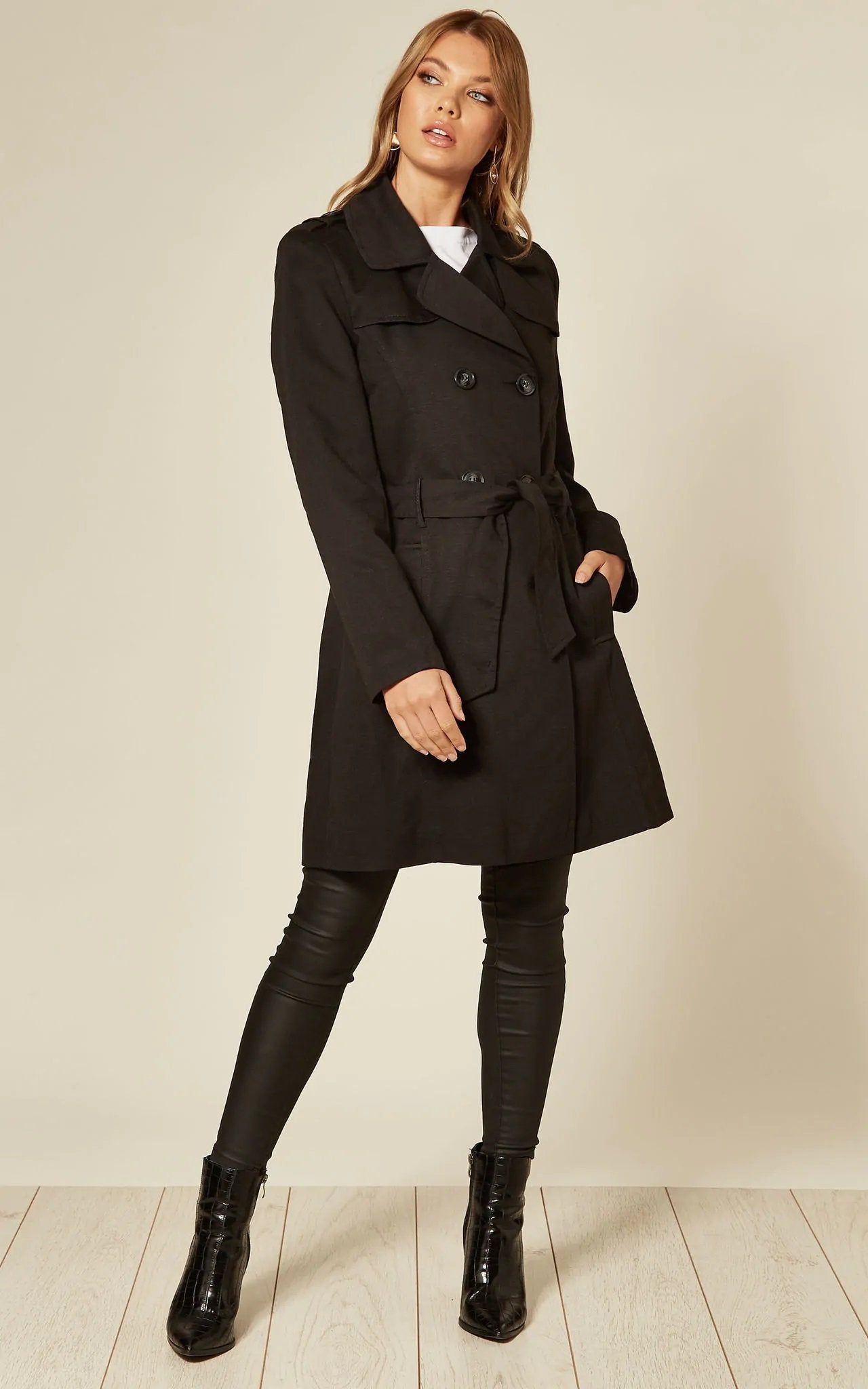 Women's Spring/Summer Military Double Breasted Trench Coat featuring epaulettes and side pockets, hip length design.