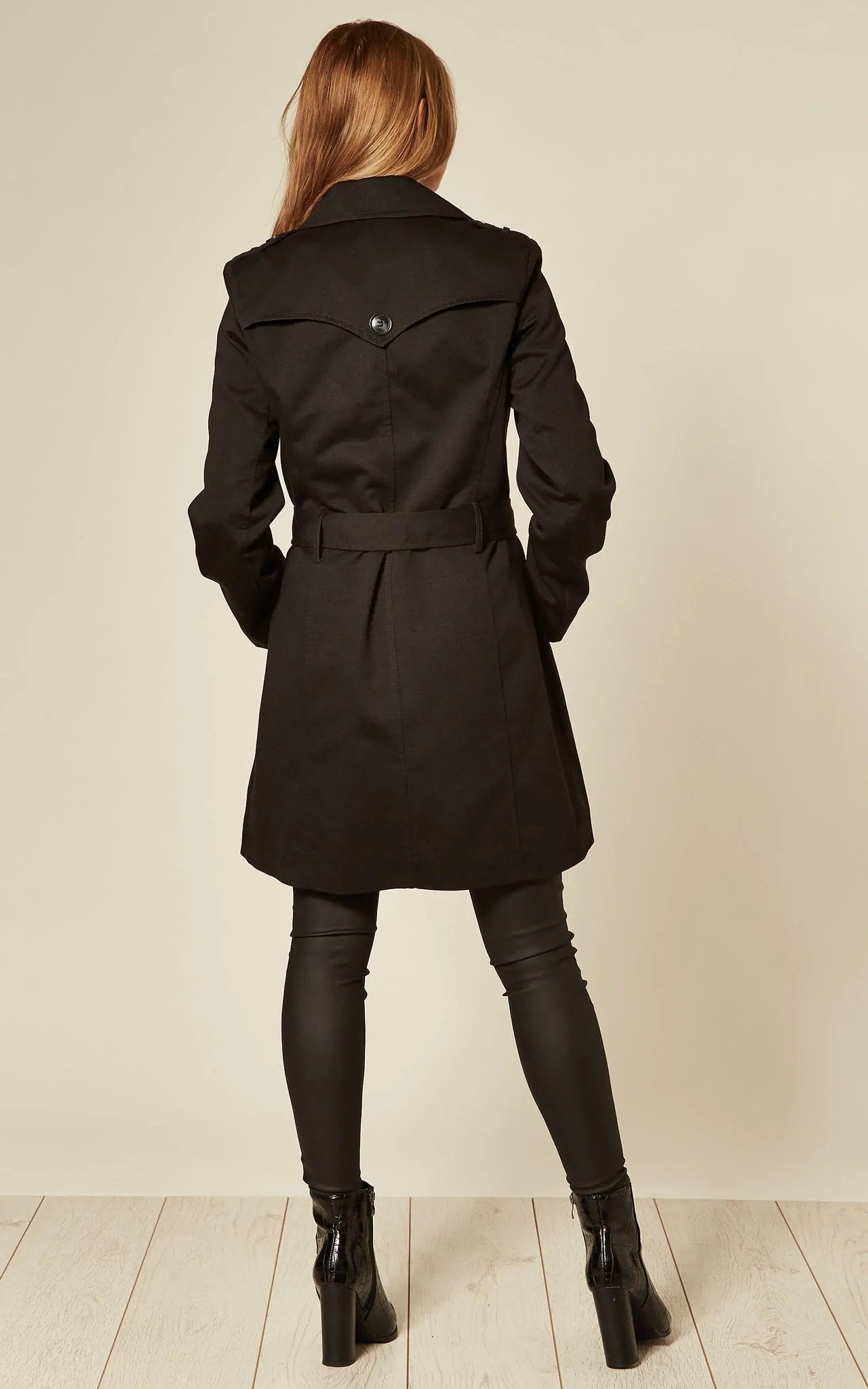 Women's Spring/Summer Military Double Breasted Trench Coat featuring epaulettes and side pockets, hip length design.