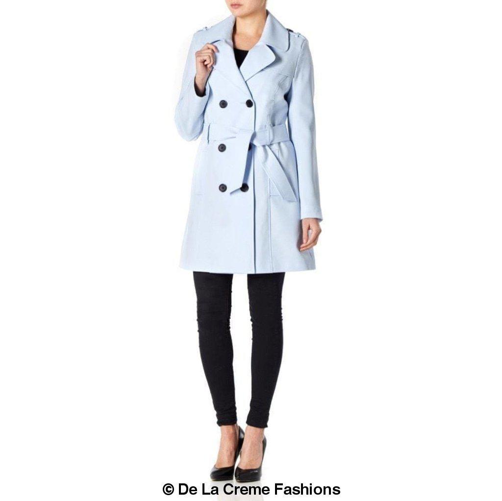 Women's Spring/Summer Military Double Breasted Trench Coat featuring epaulettes and side pockets, hip length design.