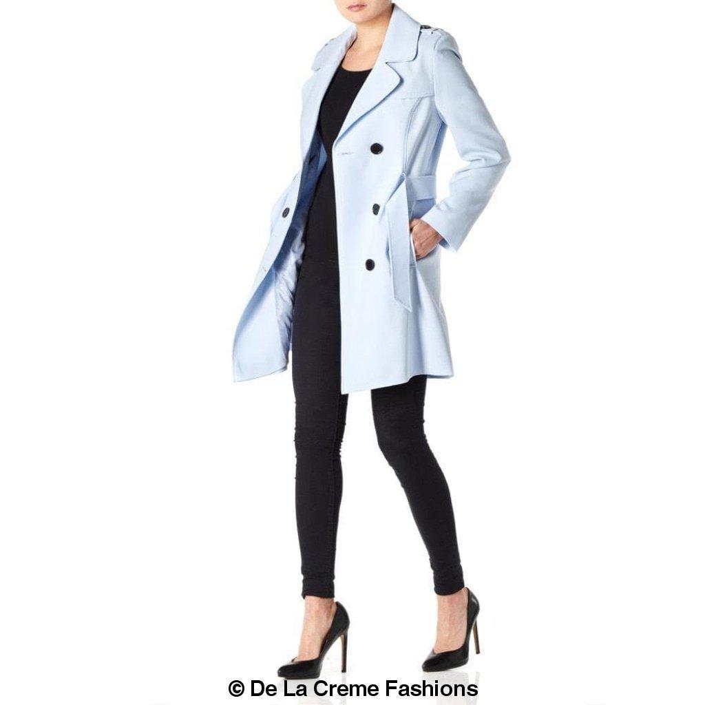 Women's Spring/Summer Military Double Breasted Trench Coat featuring epaulettes and side pockets, hip length design.