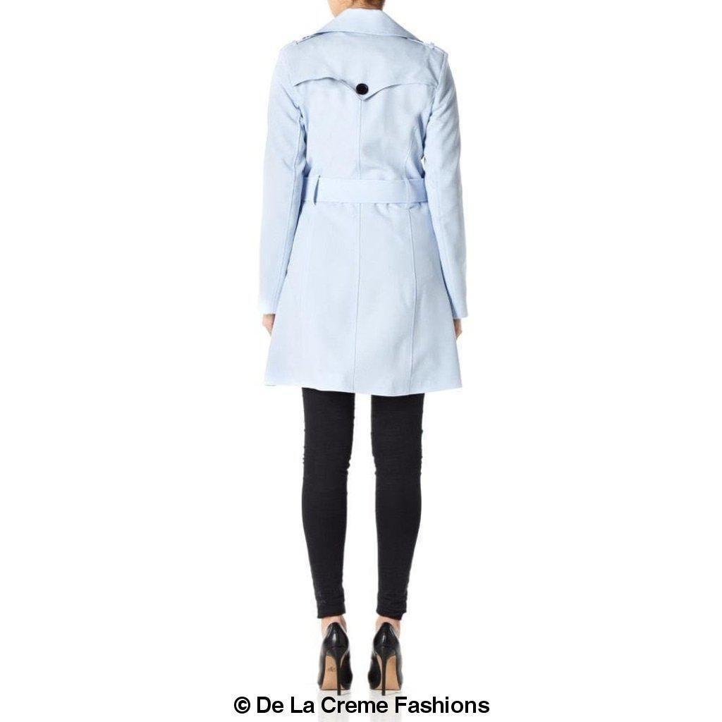 Women's Spring/Summer Military Double Breasted Trench Coat featuring epaulettes and side pockets, hip length design.