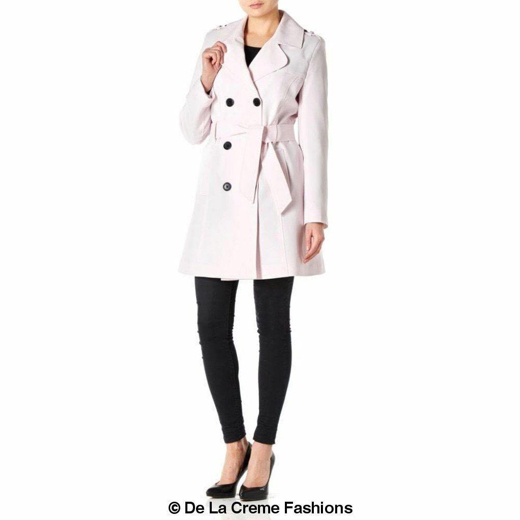 Women's Spring/Summer Military Double Breasted Trench Coat featuring epaulettes and side pockets, hip length design.